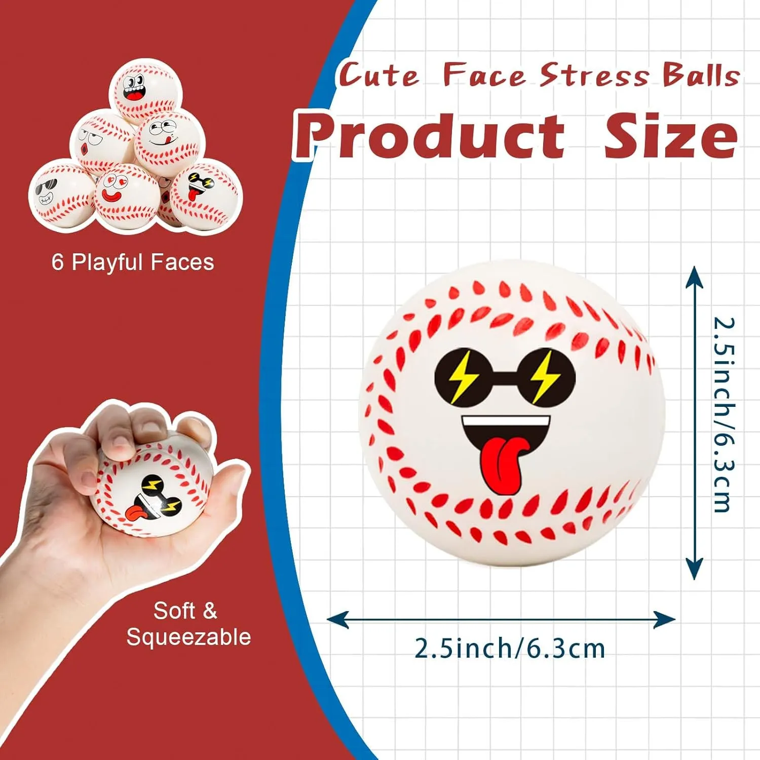 12 Pack Cute Face Stress Balls (2.5 '') Mini Foam Sports Squeeze Balls for Anxiety Relief,Squeeze Toys for Kids Adults, Party Favors Goodie Bag Fillers,Office Desk Toys,Classroom Prizes(Baseball)