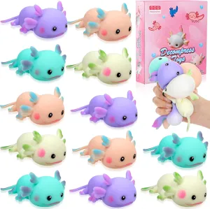 12 Pcs Squeeze Stress Relief Toys Mini Animal Toys for Anxiety Relief, Birthday, Christmas, Office, Stocking Stuffer Gift, Axolotl Toy for Pulling