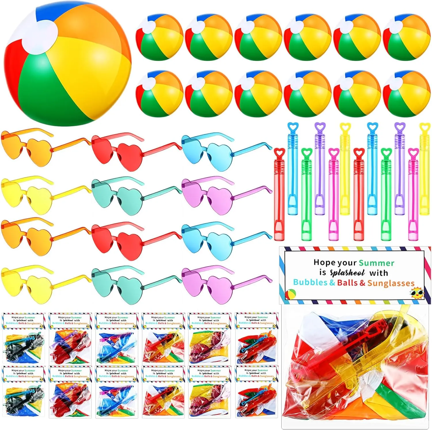 12 Sets Beach Ball Party Favors Pool Party Favors for Kids Including Beach Balls, Sunglasses, Bubble Wands, Bags, Summer Toys Bulk for Pool Birthday Supplies