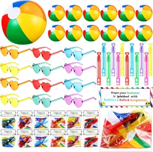 12 Sets Beach Ball Party Favors Pool Party Favors for Kids Including Beach Balls, Sunglasses, Bubble Wands, Bags, Summer Toys Bulk for Pool Birthday Supplies