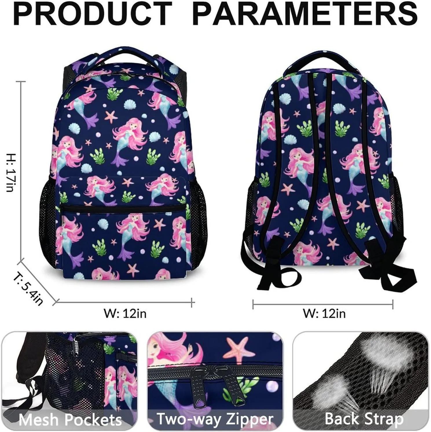 17 Inch Schoolbag for Kids, Mermaid Backpack, Large Capacity Preschool Elementary Kindergarten Backpack, Cute Bookbags for Travel School