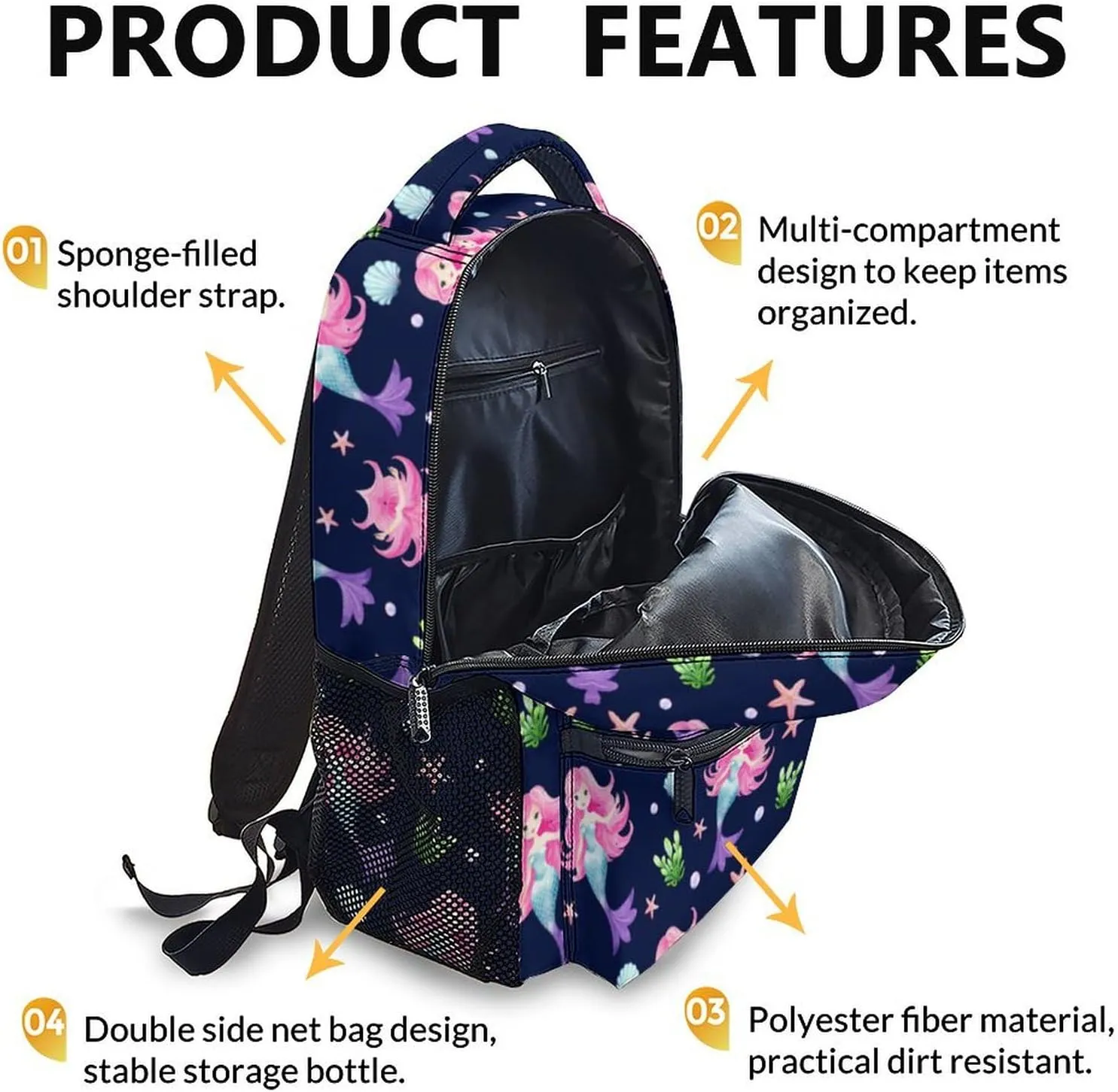 17 Inch Schoolbag for Kids, Mermaid Backpack, Large Capacity Preschool Elementary Kindergarten Backpack, Cute Bookbags for Travel School
