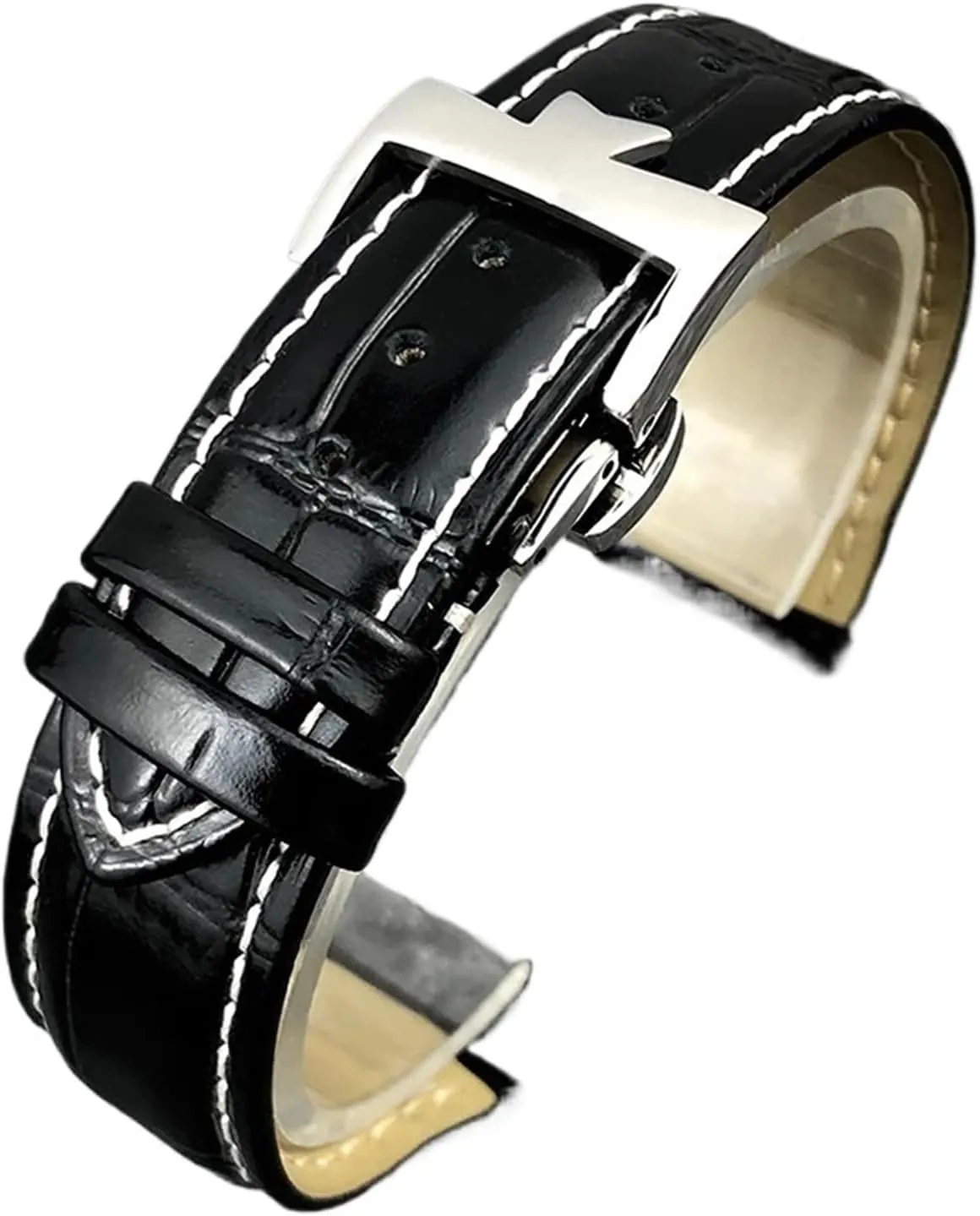 19mm 20mm 21mm 22mm Leather Watchband Compatible with VC Vacheron Leather Strap Constantin Watch Strap Men's Strap Accessories(Black White,19mm)