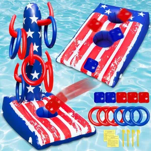 2-in-1 USA Flag Pool Cornhole Games for Teen Adults, Inflatable Bean Bag Toss & Cactu Ring Toss, Red White Blue Patriotic Swimming Pool Game Toy for Kid Family Water Floating Beach Yard 5 Bean 6 Ring