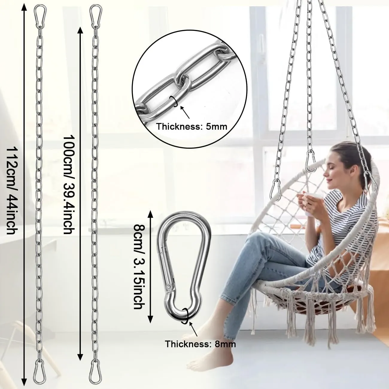 2 Pack Hanging Swing Chain with 4 Carabiners 44in, 660LB Capacity Heavy Duty Hammock Hardware Kit for Punching Bags, Swing Chairs, Indoor & Outdoor Gym (Silver, 44in, 2pcs)
