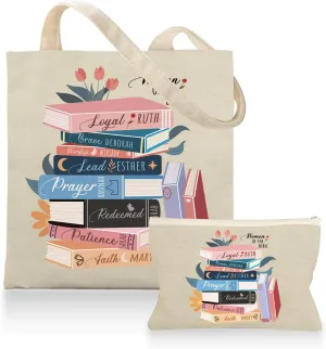 2 Pcs Canvas Tote Bags for Women, Cute Aesthetic Pattern Makeup Bags Thank You Gift for Mom Teacher Nurse Graduate Coworker Travel Work