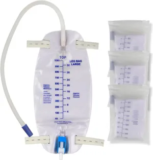 3 Pack Catheter Bags, Premium Easy-Tap Leg Bag Urinary Drainage Bag, 32 Oz with 3 18” Tubing, Anti-Reflux Valve, with Cloth Straps to Attach to Your Foot, Advanced Flip Drain for EZ Disposal