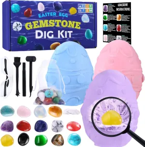 3 Pack Easter Egg Dig Kit Real Gemstones Excavation Kit for Kids Easter Geology Toys Rock Digging Kit Easter Science Educational Gift for Boys Girls Easter Basket Stuffers Party Favor