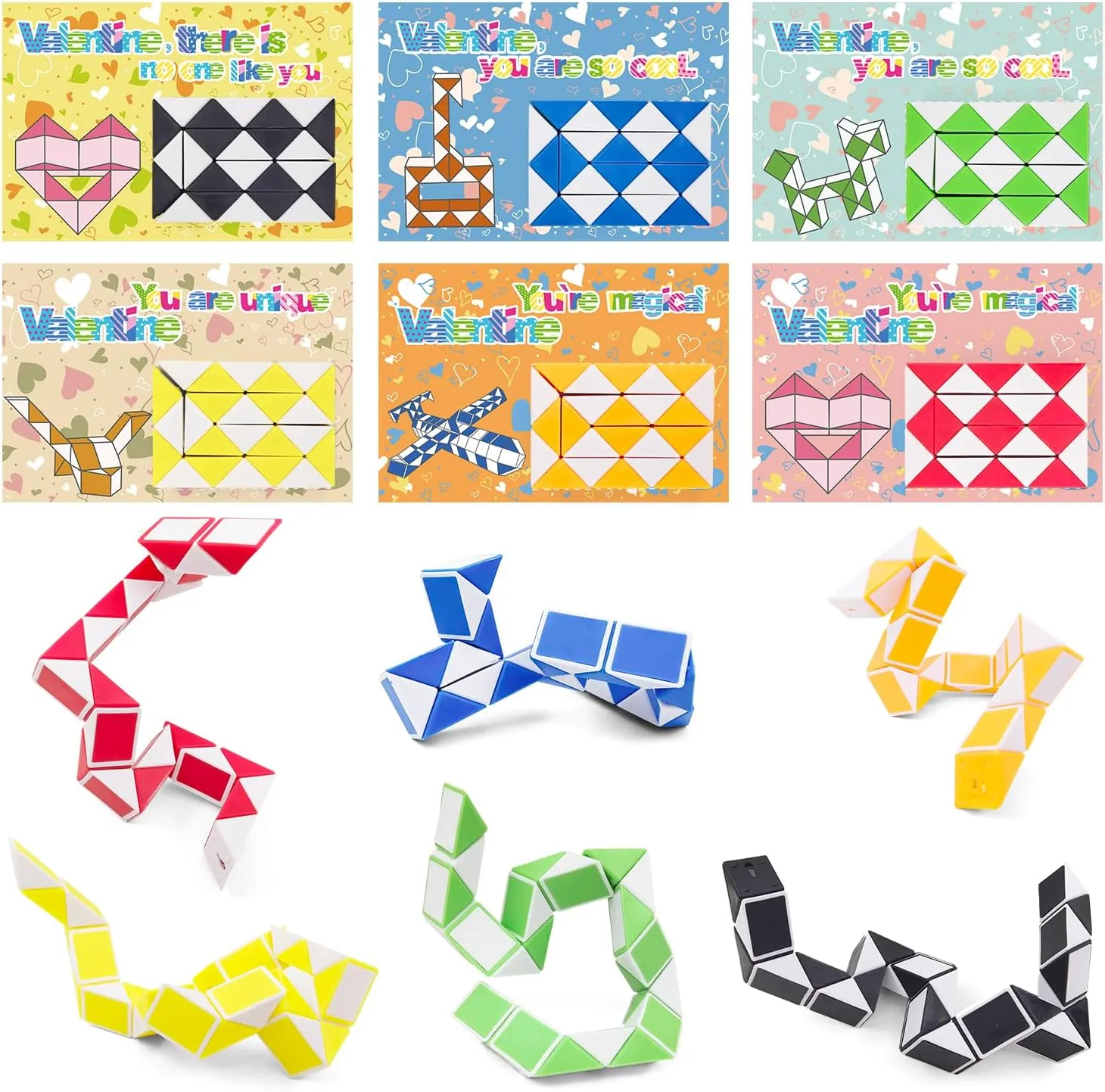 30 PACK Valentines Day Gifts for Kids, 4 Color Snake Cube Puzzle Twist Toys with Valentines Gift Cards for Boys Girl School Classroom Exchange Prize, Valentines Party Favors Toys
