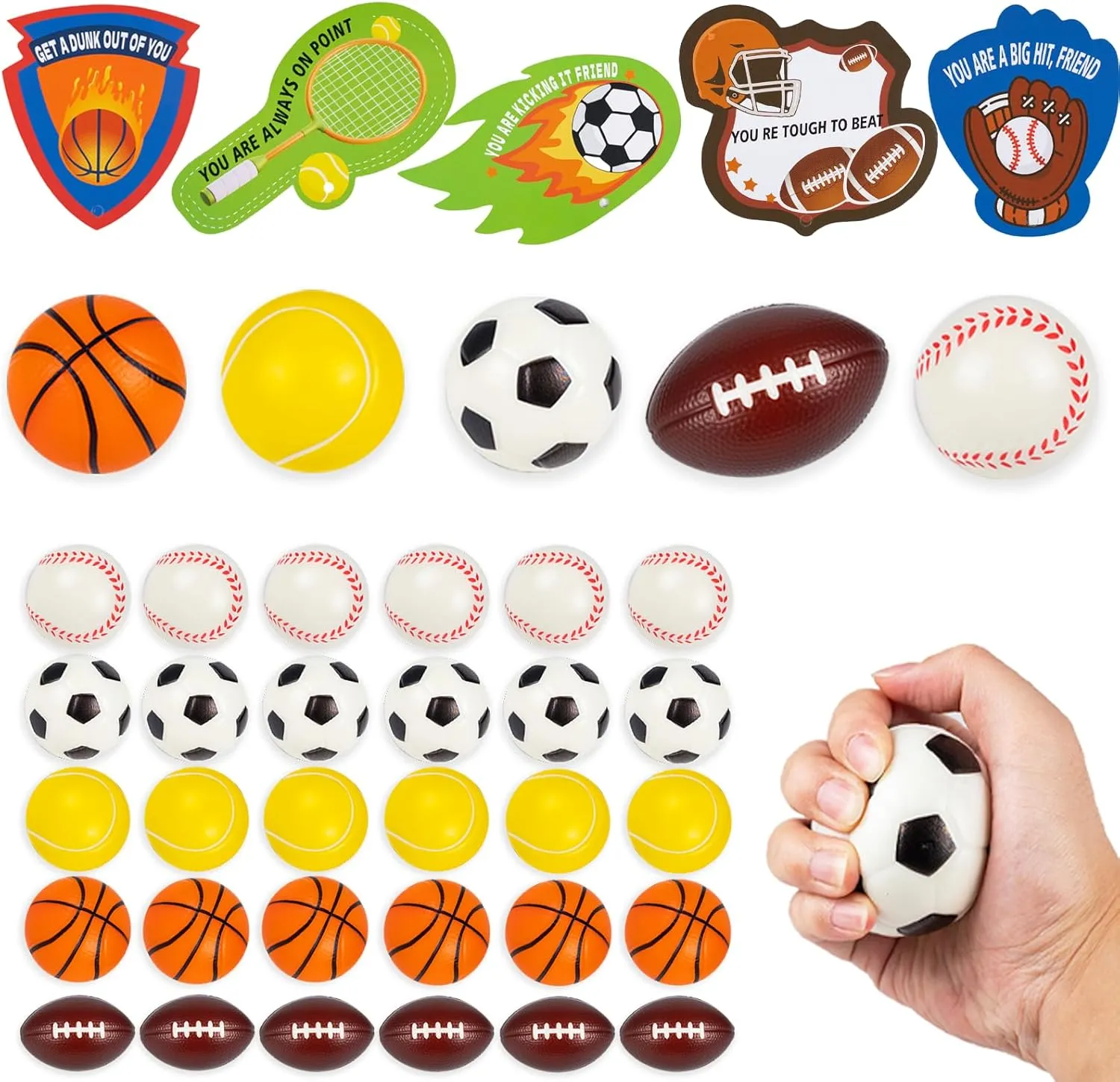 30PCS Bouncy Sports Balls, Foam Stress Balls with Gift Cards for Kids,Soccer, Basketball, Tennis Ball, Football, Baseball, Squeeze Balls Goodie Bag Stuffers School Party Favors for Valentine's Day