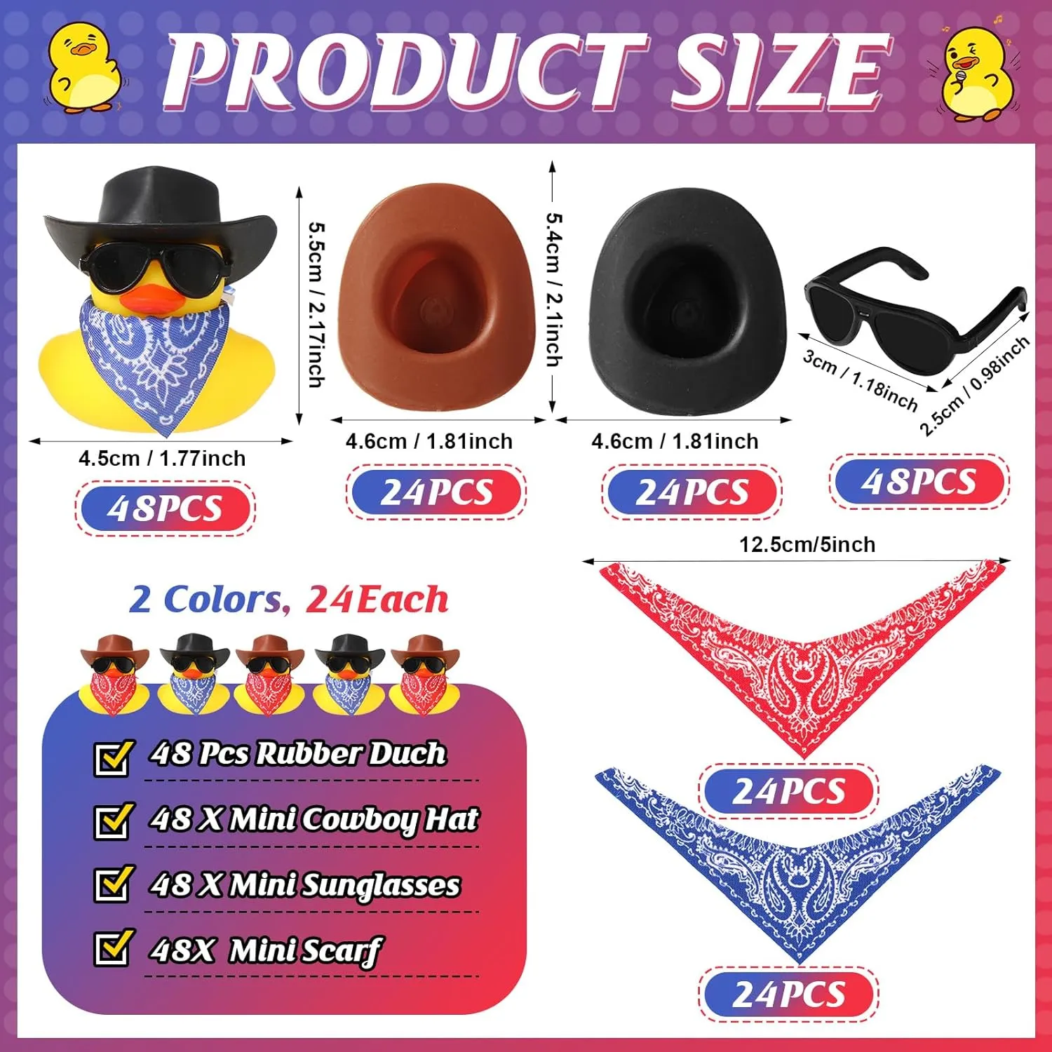 36 Set Cowboy Rubber Duck Mini Yellow Duckies Bath Party Toy Tiny Ducks Bathtub Toy with Cowboy Hat Paisley Bandanas Sunglasses for Summer Baby Shower Birthday Swimming Party (Vintage Style)
