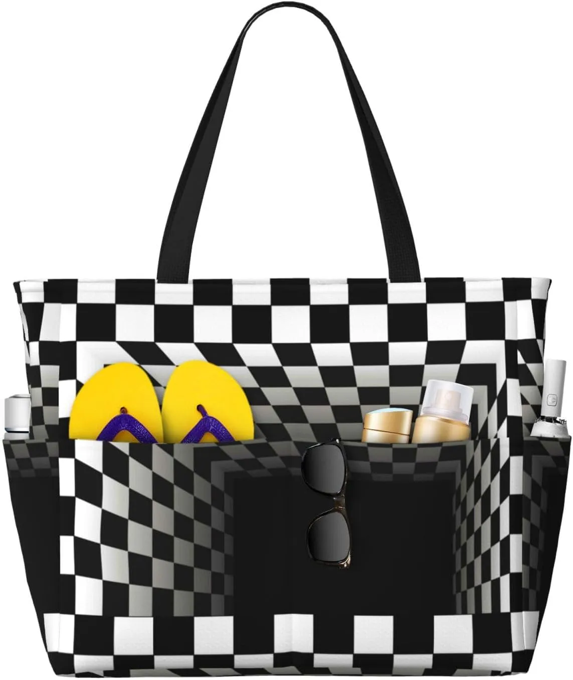 3d Black and White Checkerboard Tunnel Large Beach Tote Bag for Women Extra Large Capacity Waterproof Sandproof Pool Bag Suitable for Gym Swimming Pool Travel Groceries
