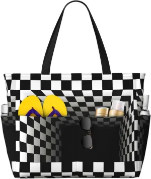 3d Black and White Checkerboard Tunnel Large Beach Tote Bag for Women Extra Large Capacity Waterproof Sandproof Pool Bag Suitable for Gym Swimming Pool Travel Groceries