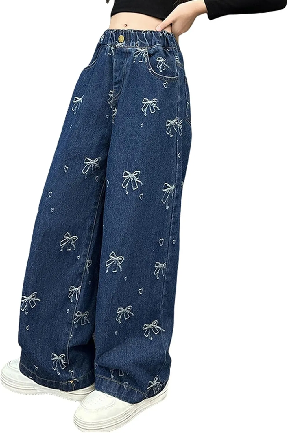 5-14 yrs Kids Girls Jeans Distressed Elastic Waist Baggy Denim Wide Leg Pants Trousers