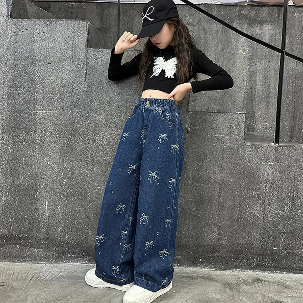 5-14 yrs Kids Girls Jeans Distressed Elastic Waist Baggy Denim Wide Leg Pants Trousers
