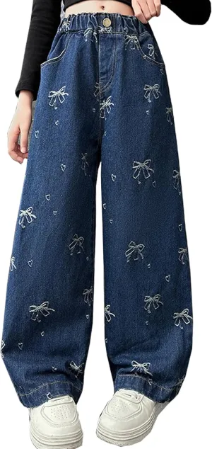 5-14 yrs Kids Girls Jeans Distressed Elastic Waist Baggy Denim Wide Leg Pants Trousers
