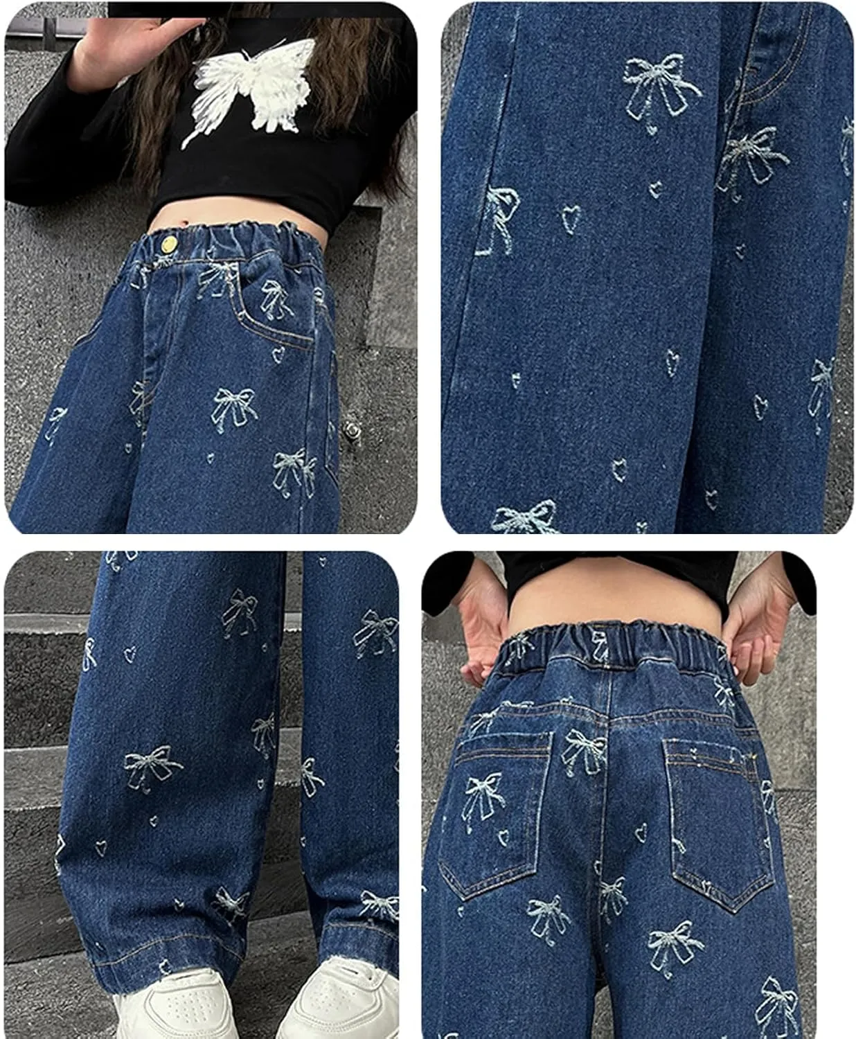 5-14 yrs Kids Girls Jeans Distressed Elastic Waist Baggy Denim Wide Leg Pants Trousers