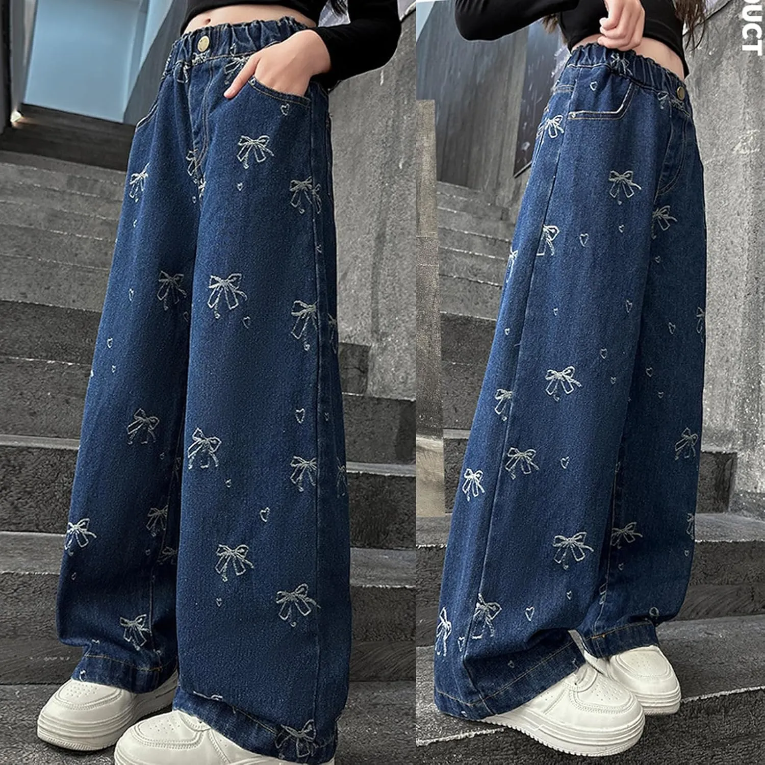 5-14 yrs Kids Girls Jeans Distressed Elastic Waist Baggy Denim Wide Leg Pants Trousers