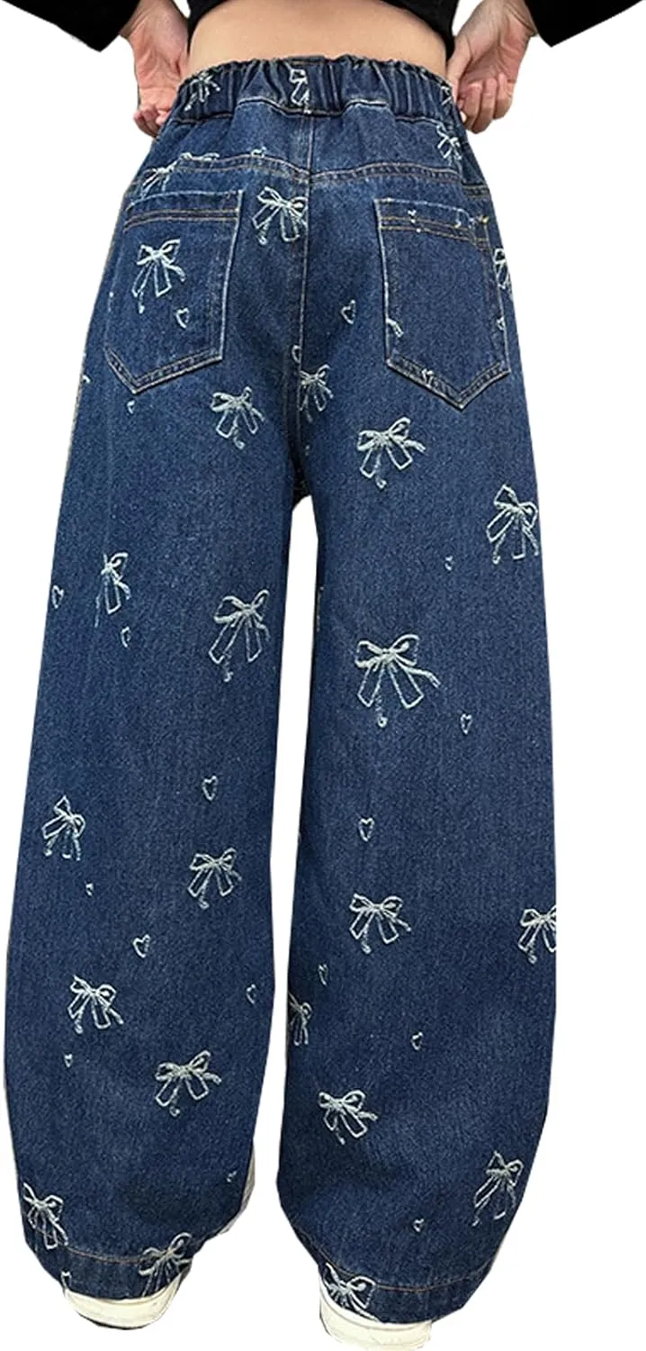 5-14 yrs Kids Girls Jeans Distressed Elastic Waist Baggy Denim Wide Leg Pants Trousers