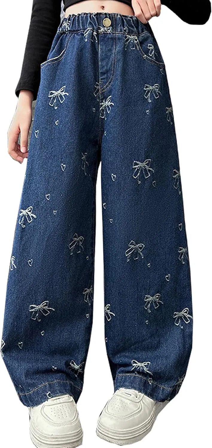 5-14 yrs Kids Girls Jeans Distressed Elastic Waist Baggy Denim Wide Leg Pants Trousers
