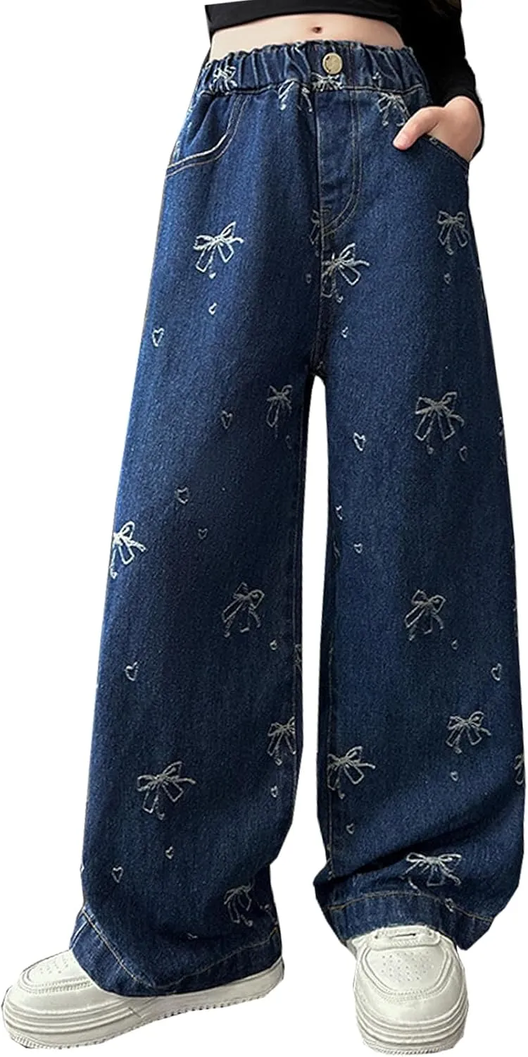 5-14 yrs Kids Girls Jeans Distressed Elastic Waist Baggy Denim Wide Leg Pants Trousers