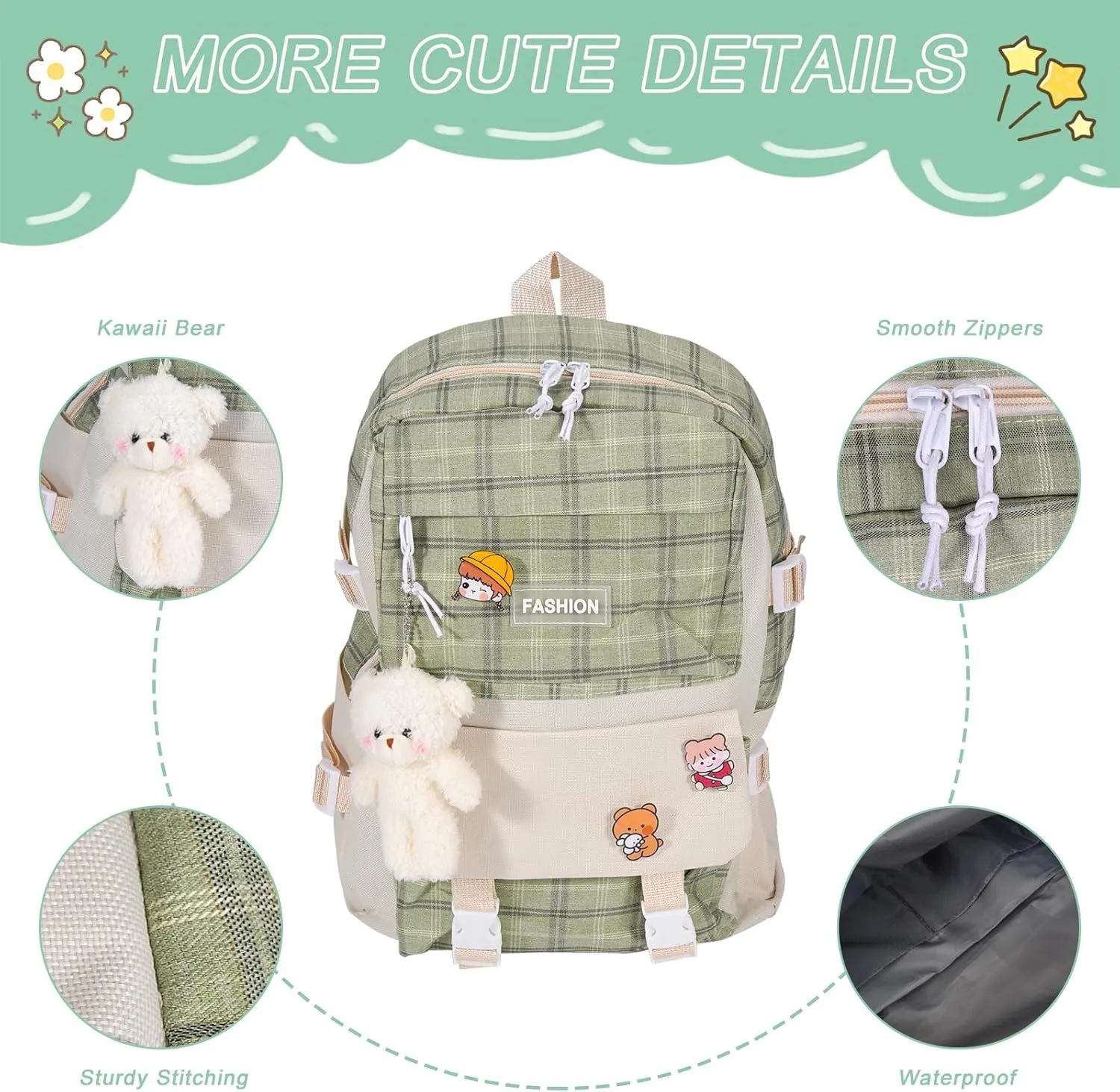5Pcs Canvas School Backpack Combo Set with Kawaii Bear Pendant Cute Pins Plaid Check Handle Shoulder Bag Schoolbag