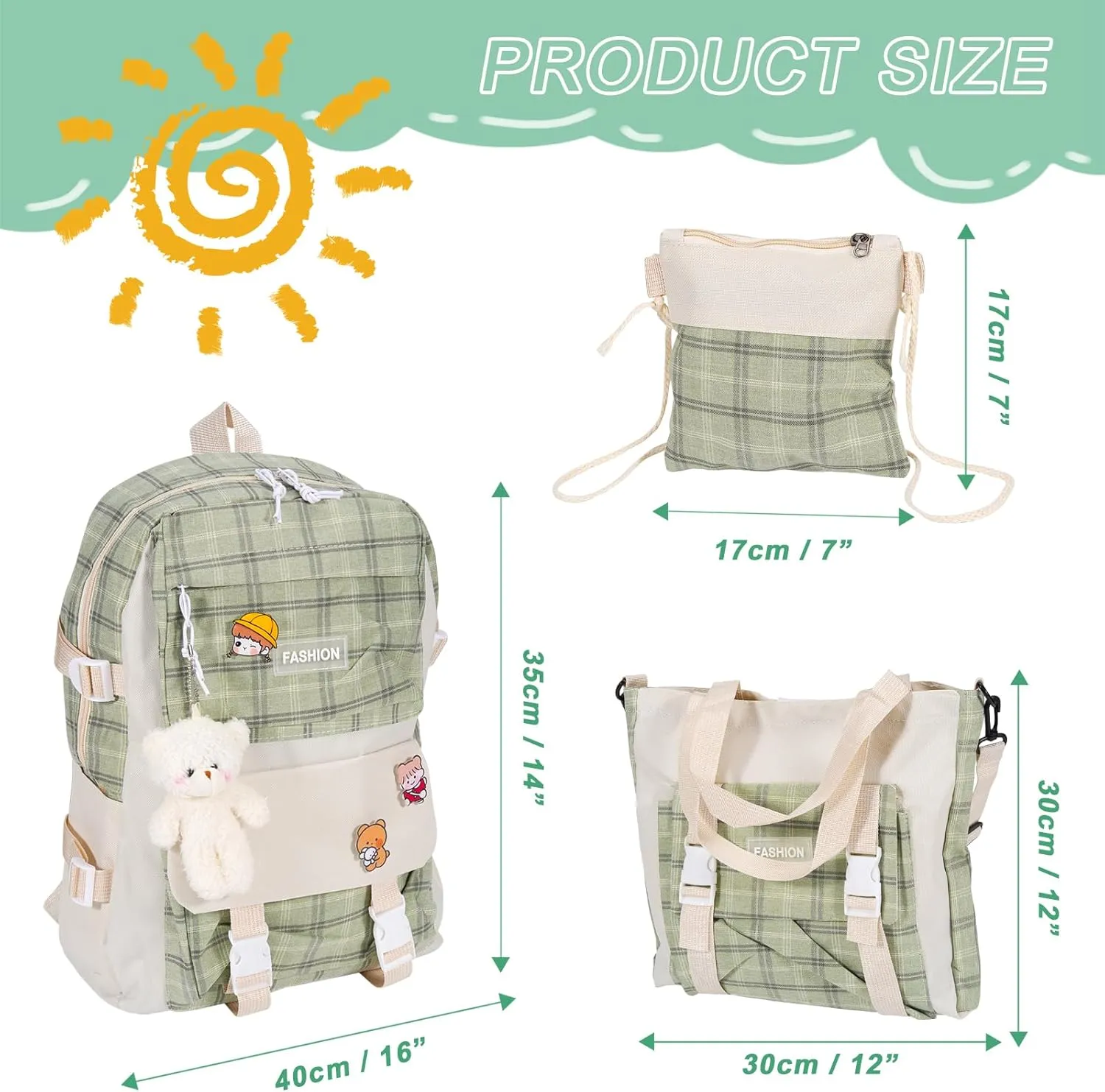 5Pcs Canvas School Backpack Combo Set with Kawaii Bear Pendant Cute Pins Plaid Check Handle Shoulder Bag Schoolbag