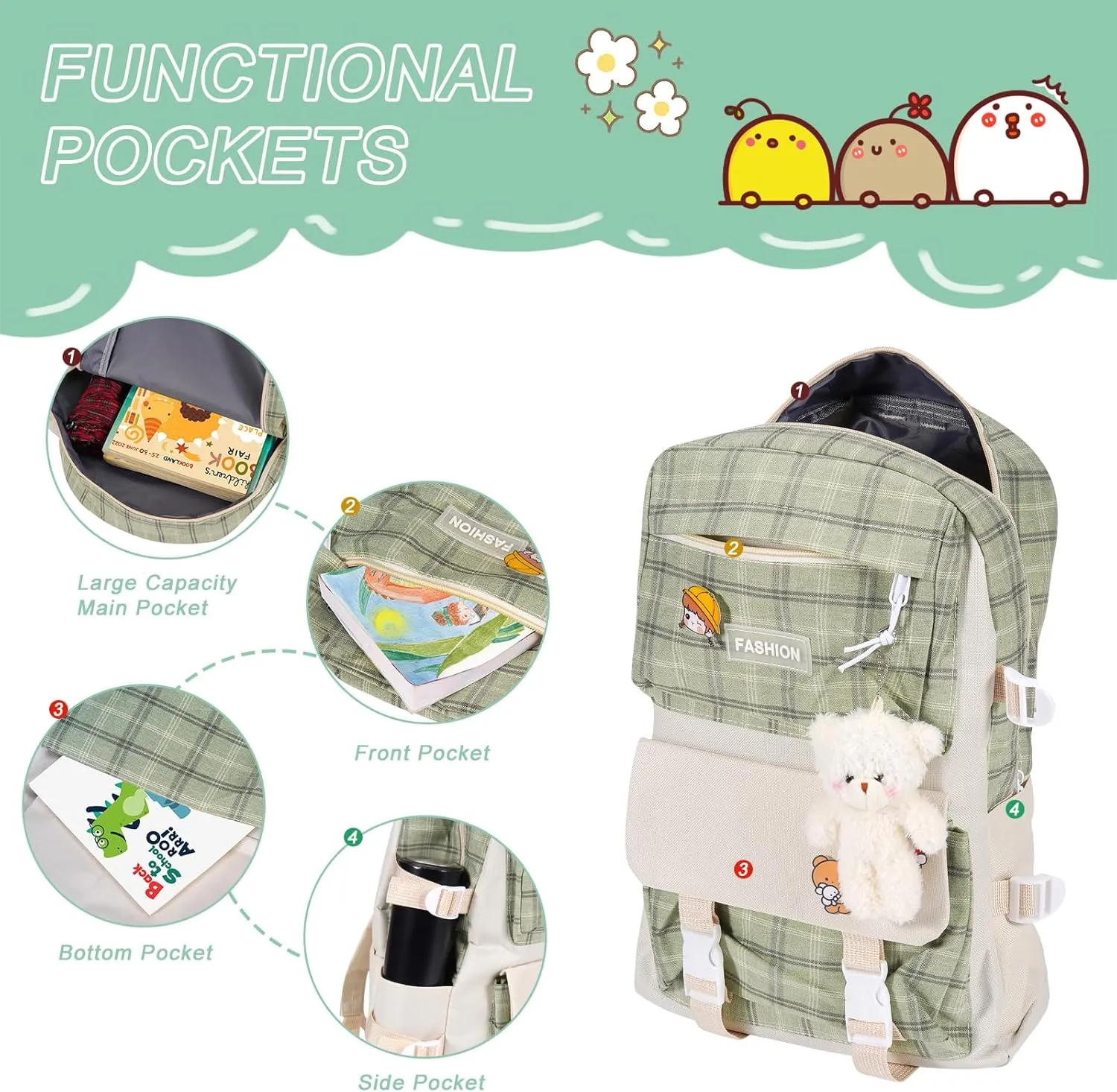 5Pcs Canvas School Backpack Combo Set with Kawaii Bear Pendant Cute Pins Plaid Check Handle Shoulder Bag Schoolbag