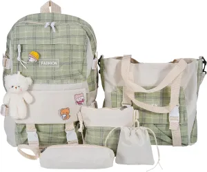 5Pcs Canvas School Backpack Combo Set with Kawaii Bear Pendant Cute Pins Plaid Check Handle Shoulder Bag Schoolbag