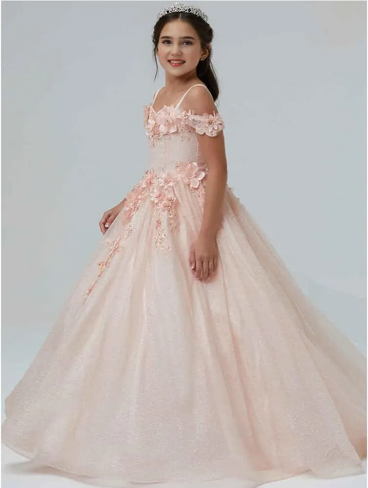 a-line Girls Pageant Dress Glitter Tulle Off Shoulder Wedding Flower Girl Dress with Straps