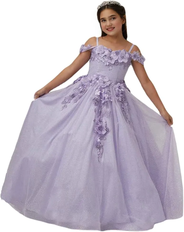 a-line Girls Pageant Dress Glitter Tulle Off Shoulder Wedding Flower Girl Dress with Straps
