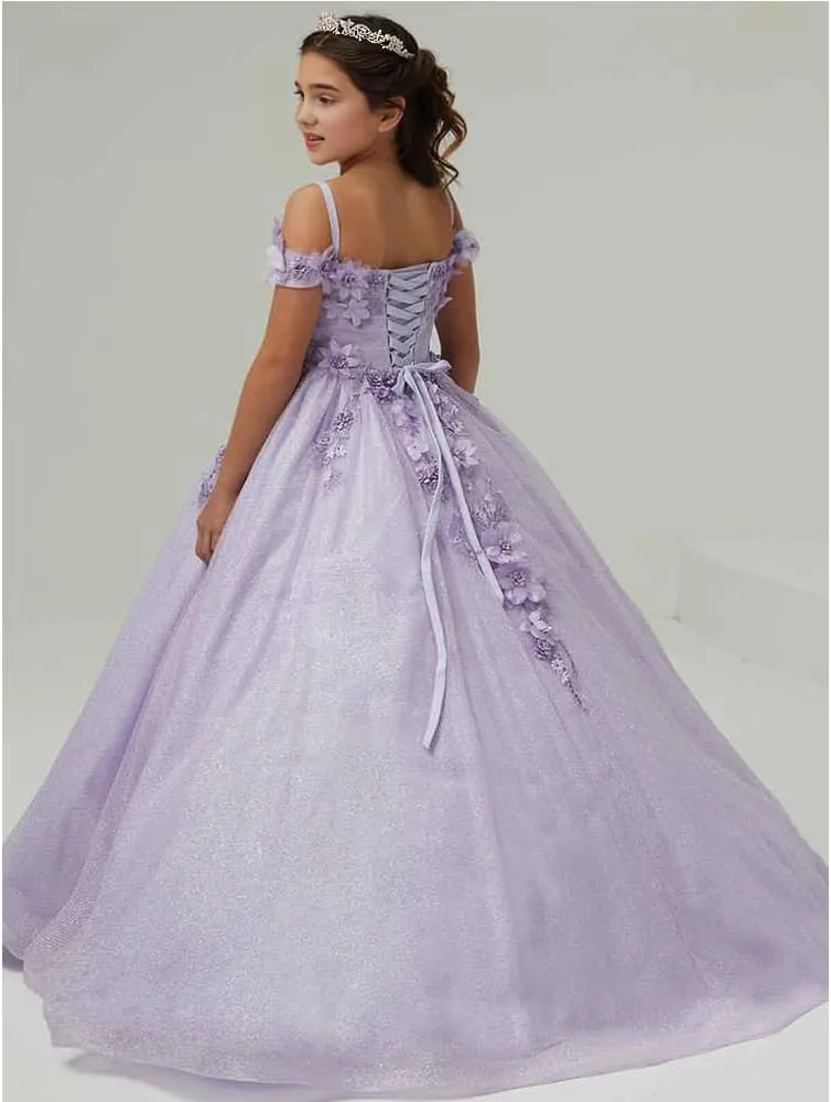 a-line Girls Pageant Dress Glitter Tulle Off Shoulder Wedding Flower Girl Dress with Straps
