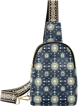 Abstract Sun Full-Print Leather Fashion Waist Pack Small Crossbody Bag with Card Slots & Adjustable Strap for Biking Shopping Hiking Running & Casual Outings