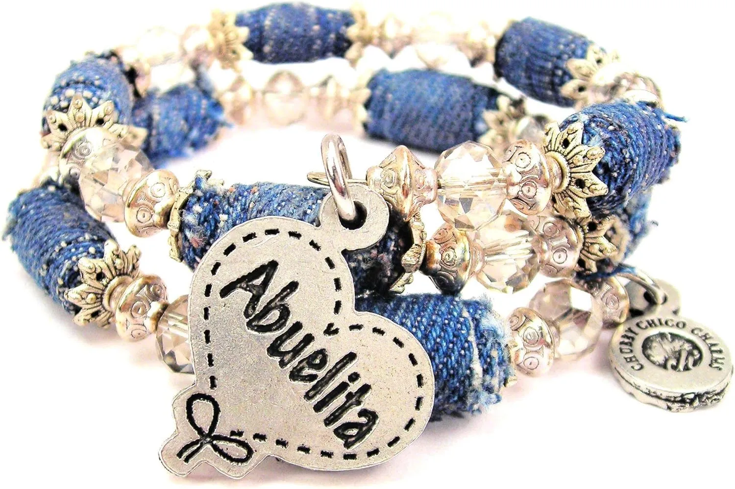 Abuelita Quilted Heart Blue Jean Distressed Denim Bead Wrap Bracelet