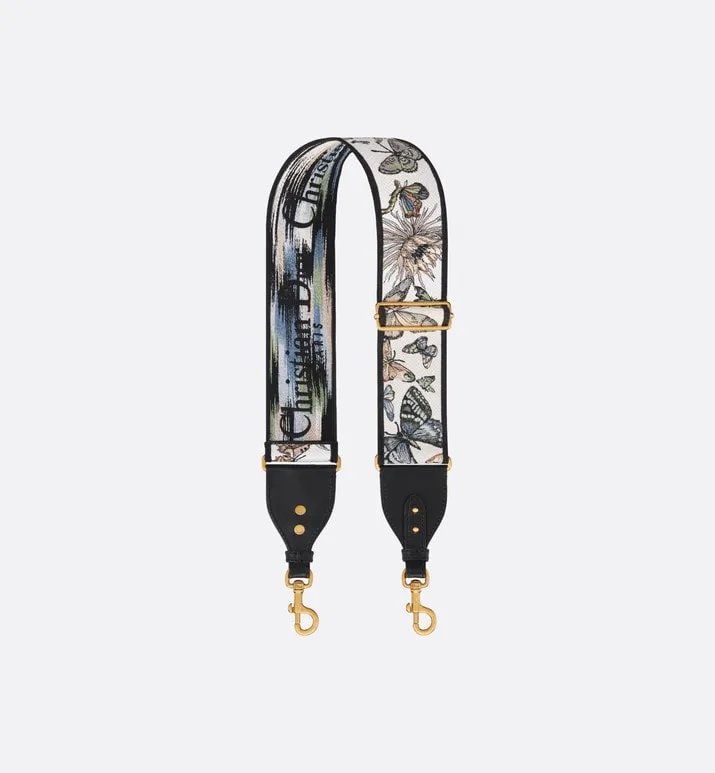 Adjustable Shoulder Strap with Ring • White Multicolor Toile de Jouy Mexico Embroidery