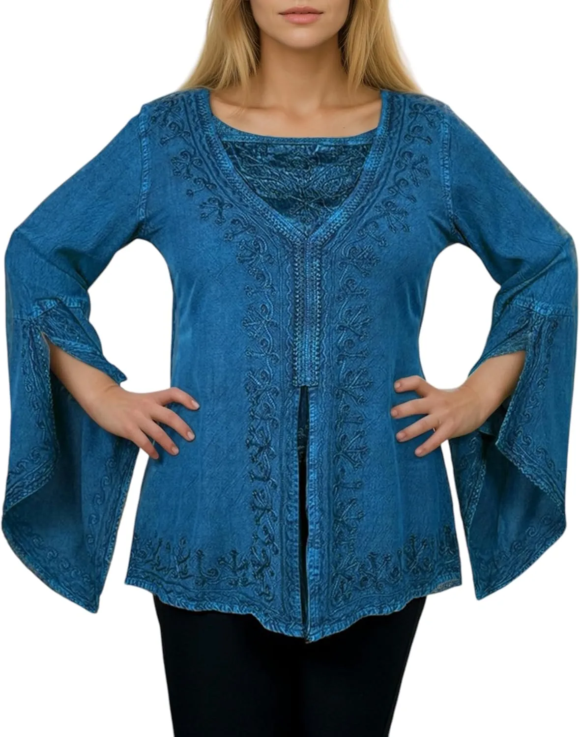 Agan Traders Women’s 2025 Summer Long Bell Sleeve Embroidered Blouse - Elegant Tunic Bohemian Dress Tops for Women