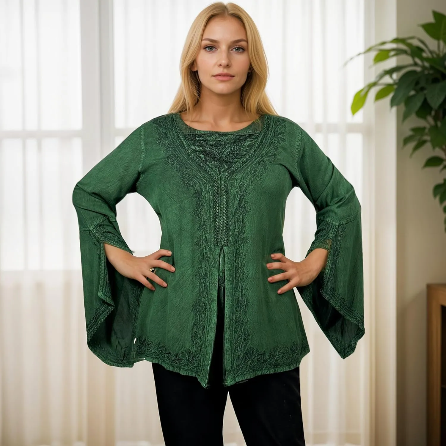 Agan Traders Women’s 2025 Summer Long Bell Sleeve Embroidered Blouse - Elegant Tunic Bohemian Dress Tops for Women
