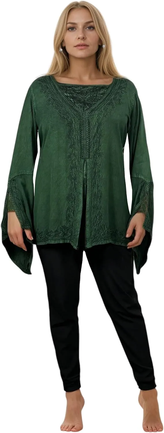 Agan Traders Women’s 2025 Summer Long Bell Sleeve Embroidered Blouse - Elegant Tunic Bohemian Dress Tops for Women