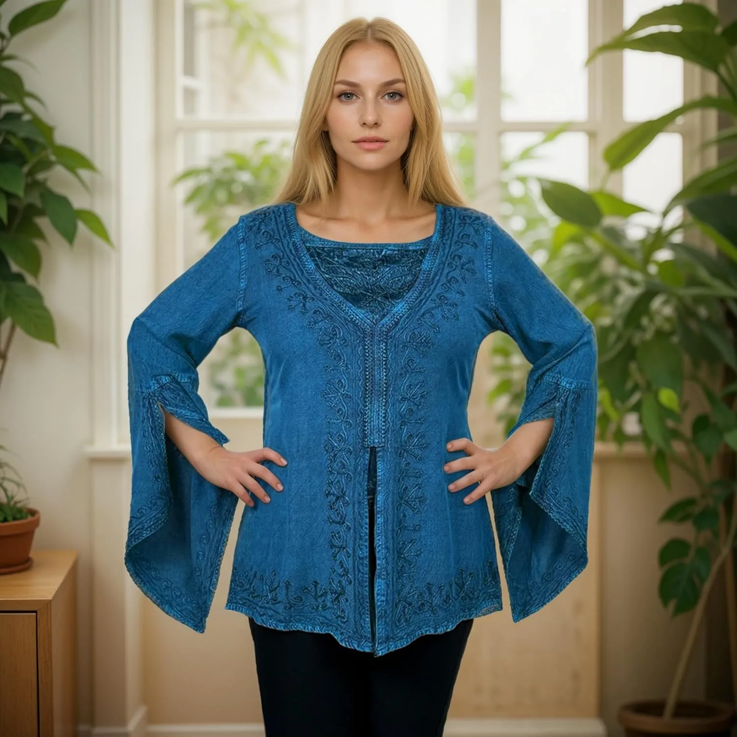 Agan Traders Women’s 2025 Summer Long Bell Sleeve Embroidered Blouse - Elegant Tunic Bohemian Dress Tops for Women