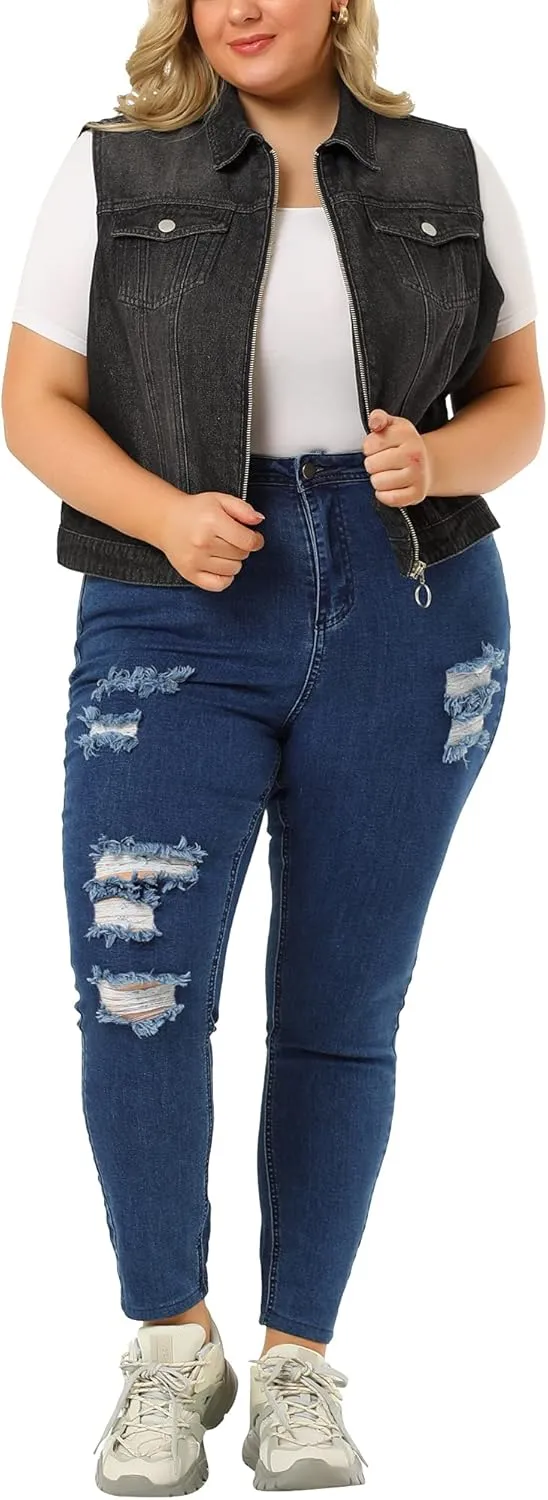 Agnes Orinda Plus Size Denim Vest for Women Sleeveless Zip Up Button Down Waistcoat Jeans Jackets Vests