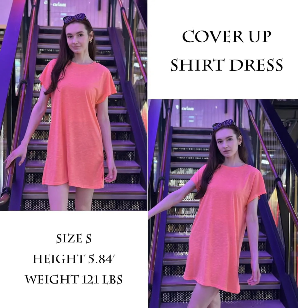 AI'MAGE Women's Coverups Short Sleeve T-Shirt Dress Casual Side Slit Loose Fit Knee Length Beach Mini Dress S-XXL