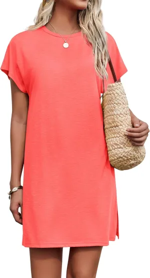 AI'MAGE Women's Coverups Short Sleeve T-Shirt Dress Casual Side Slit Loose Fit Knee Length Beach Mini Dress S-XXL