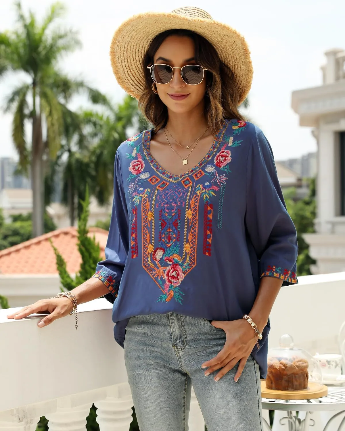 AK Embroidered Tops for Women 3/4 Sleeve Peasant Blouse Mexican Shirts V Neck Traditional Tunic Casual Tops