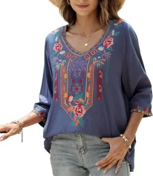 AK Embroidered Tops for Women 3/4 Sleeve Peasant Blouse Mexican Shirts V Neck Traditional Tunic Casual Tops