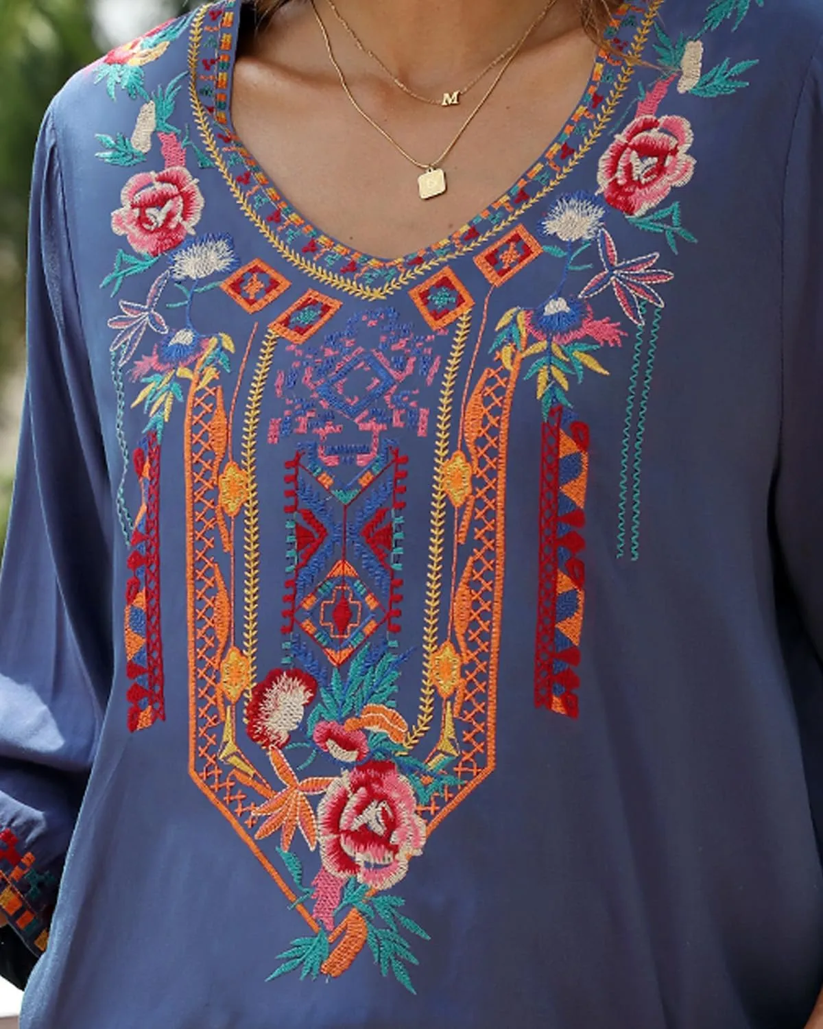 AK Embroidered Tops for Women 3/4 Sleeve Peasant Blouse Mexican Shirts V Neck Traditional Tunic Casual Tops