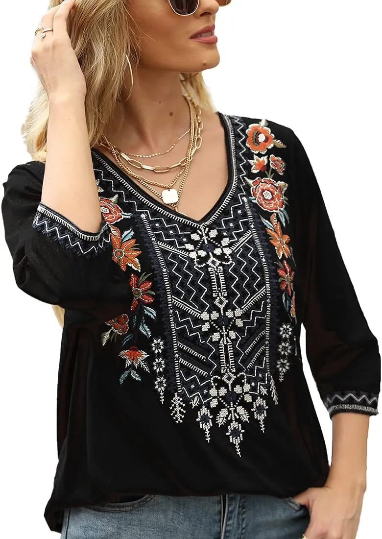 AK Women's Embroidered Tops 3/4 Sleeve Traditional Mexican Shirts for Women V Neck Peasant Tunic Blouses