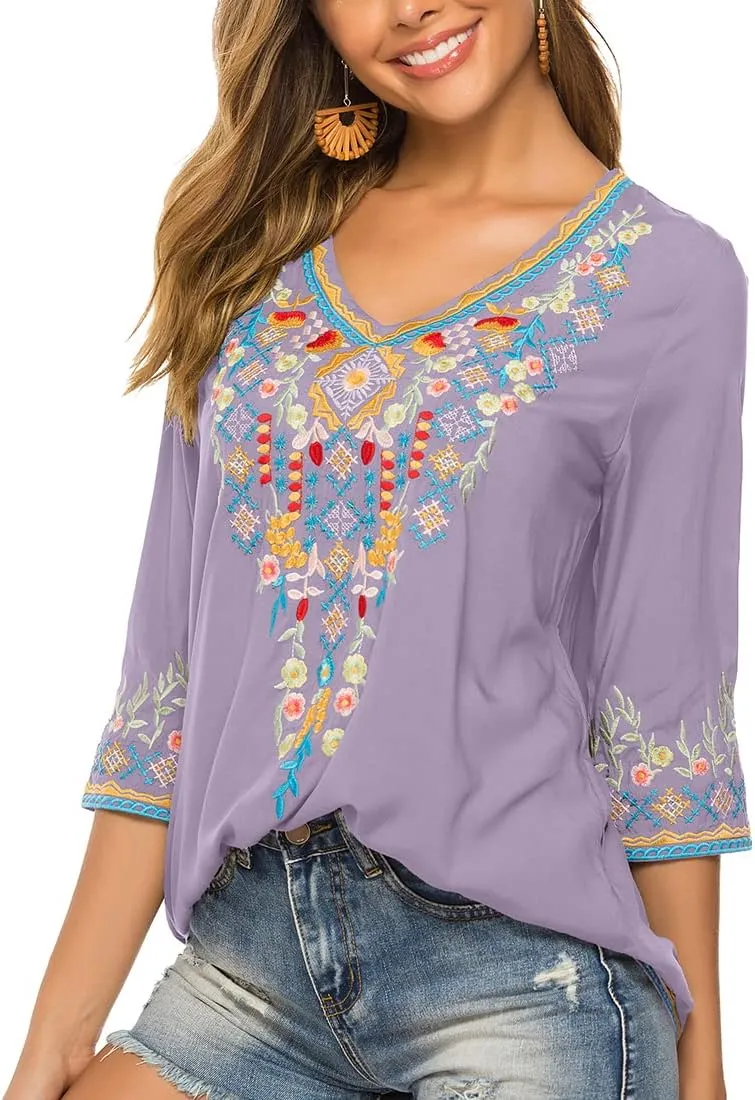 AK Women's Embroidered Tops 3/4 Sleeve Traditional Mexican Shirts for Women V Neck Peasant Tunic Blouses