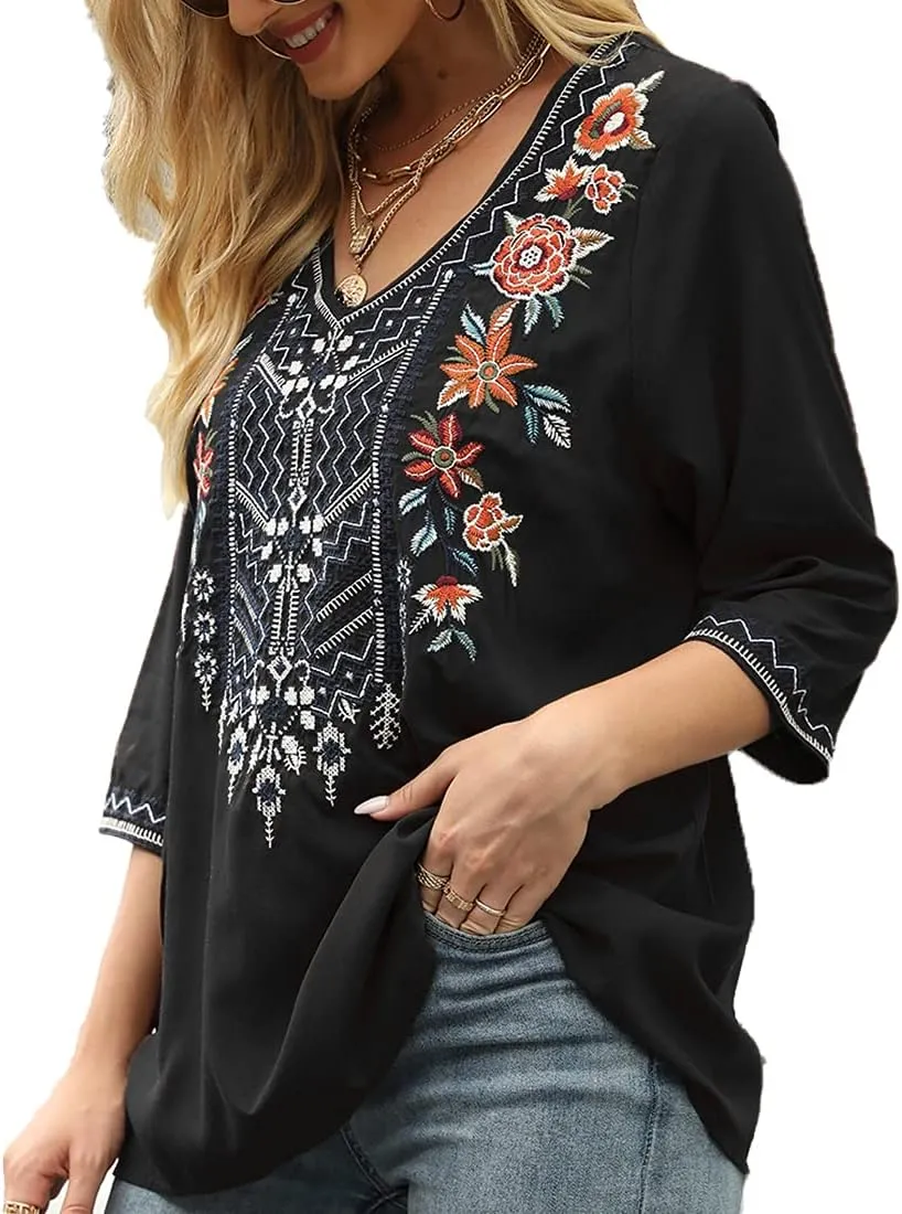 AK Women's Embroidered Tops 3/4 Sleeve Traditional Mexican Shirts for Women V Neck Peasant Tunic Blouses