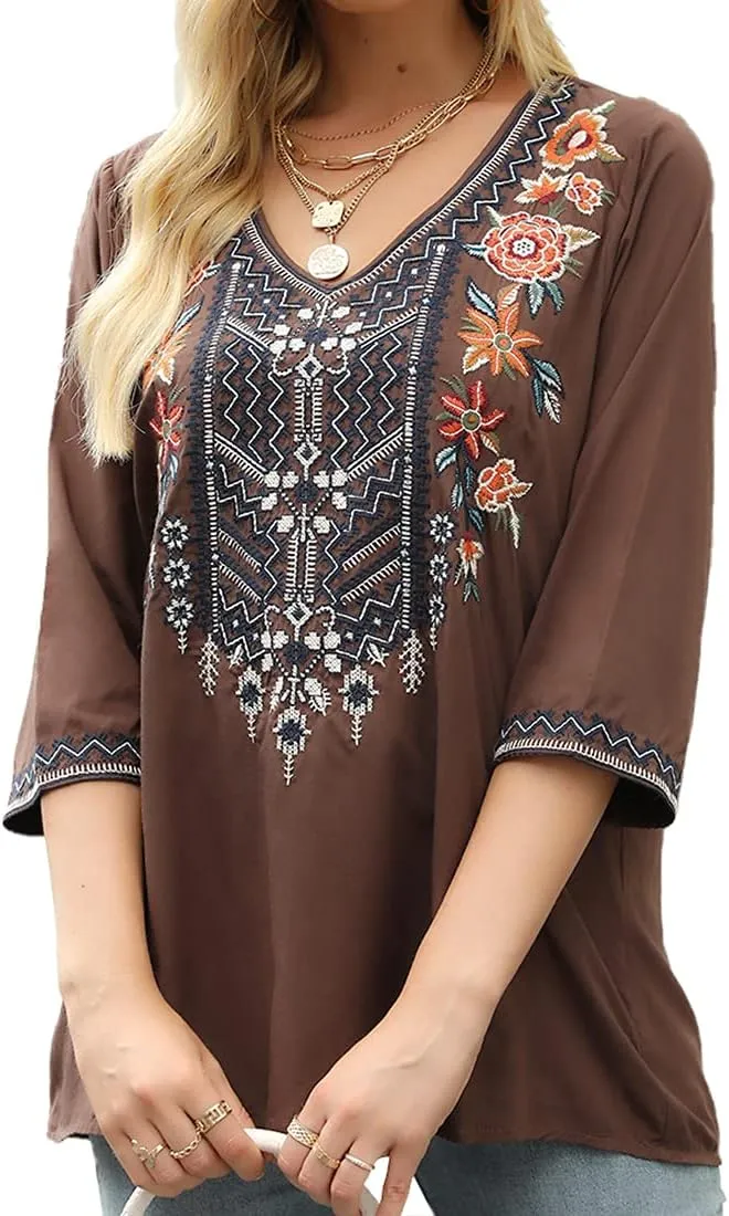 AK Women's Embroidered Tops 3/4 Sleeve Traditional Mexican Shirts for Women V Neck Peasant Tunic Blouses