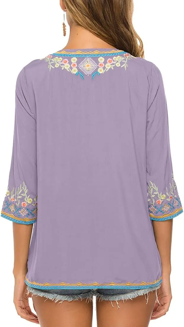 AK Women's Embroidered Tops 3/4 Sleeve Traditional Mexican Shirts for Women V Neck Peasant Tunic Blouses